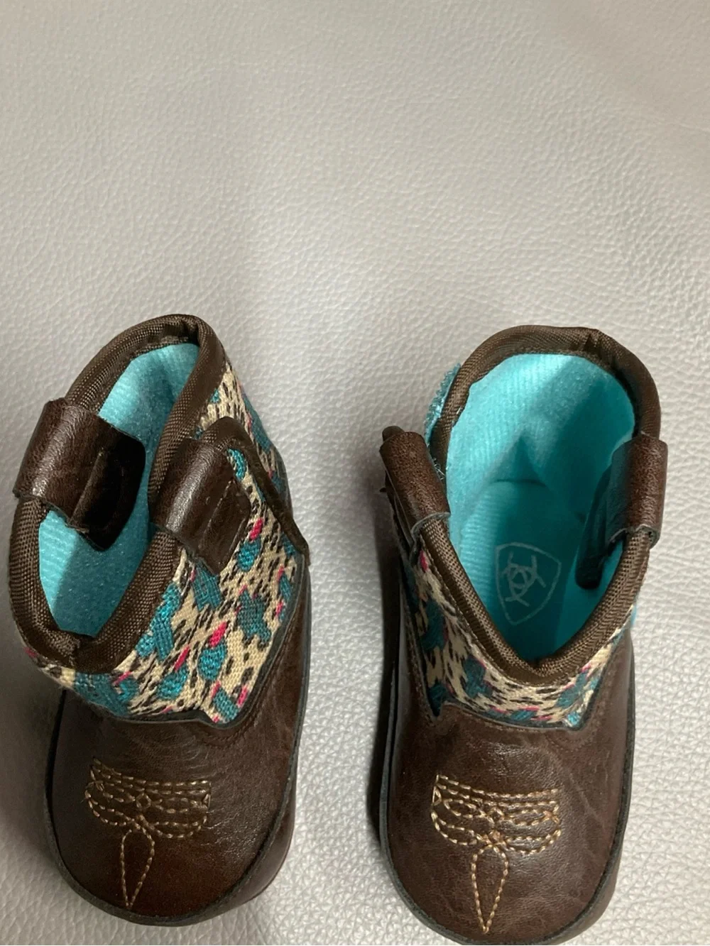 Ariat Brown Kids Boot with Turquoise and Pink Pattern